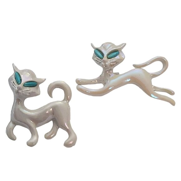 Vintage Pearly White Enamel Blue Eye Cat Pair Brooches, Kitten Set E897 - Picture 3 of 8